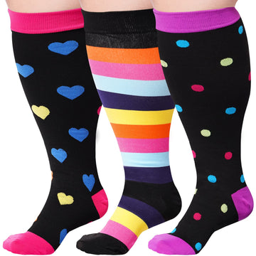 3 paires de chaussettes de compression hautes grande taille pour femmes et hommes-amour, arc-en-ciel, pois