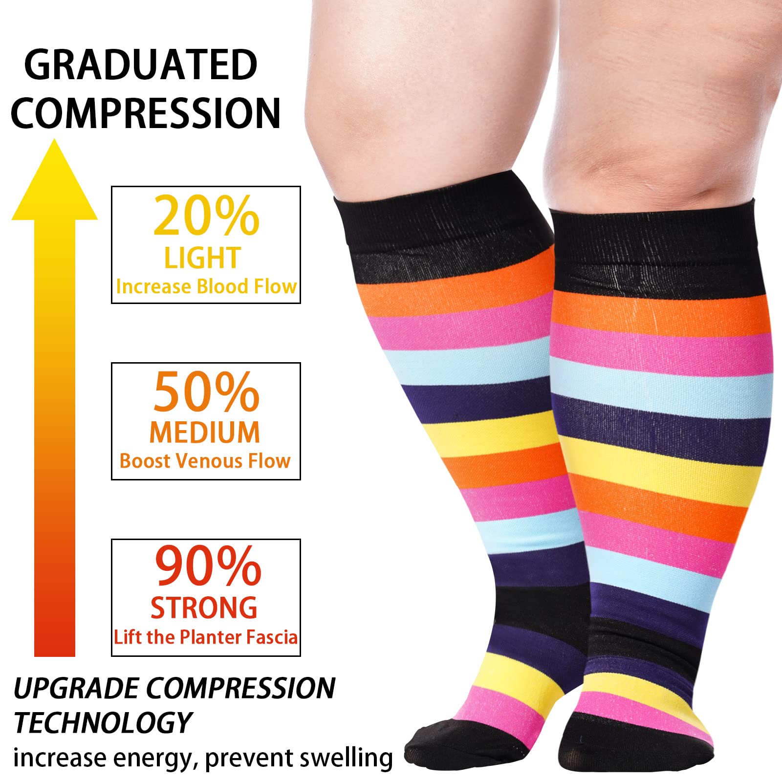3 Pairs Plus Size Knee High Compression Socks for Women & Men-Love,rainbow,polka dot - Moon Wood
