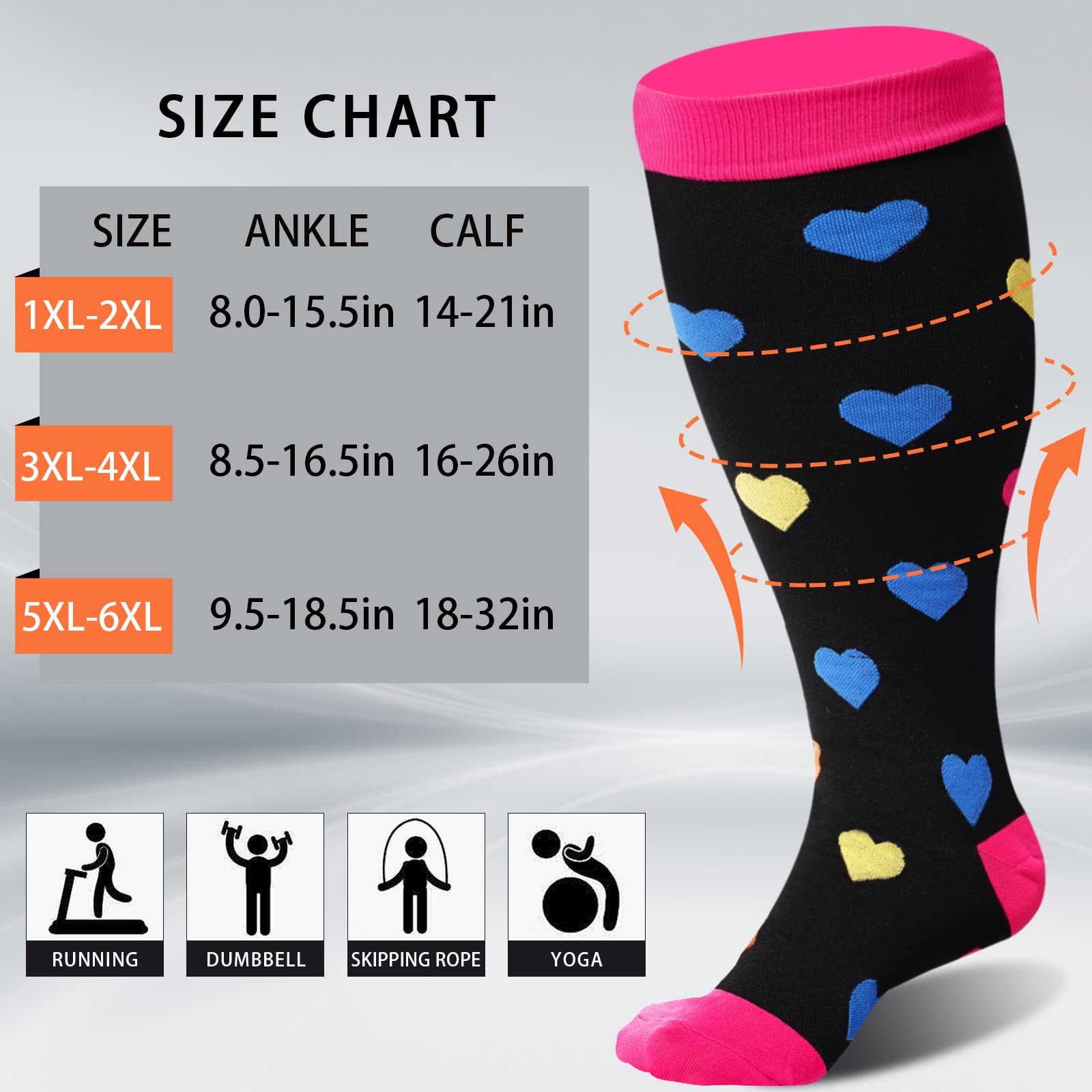 3 Pairs Plus Size Knee High Compression Socks for Women & Men-Love,rainbow,polka dot - Moon Wood
