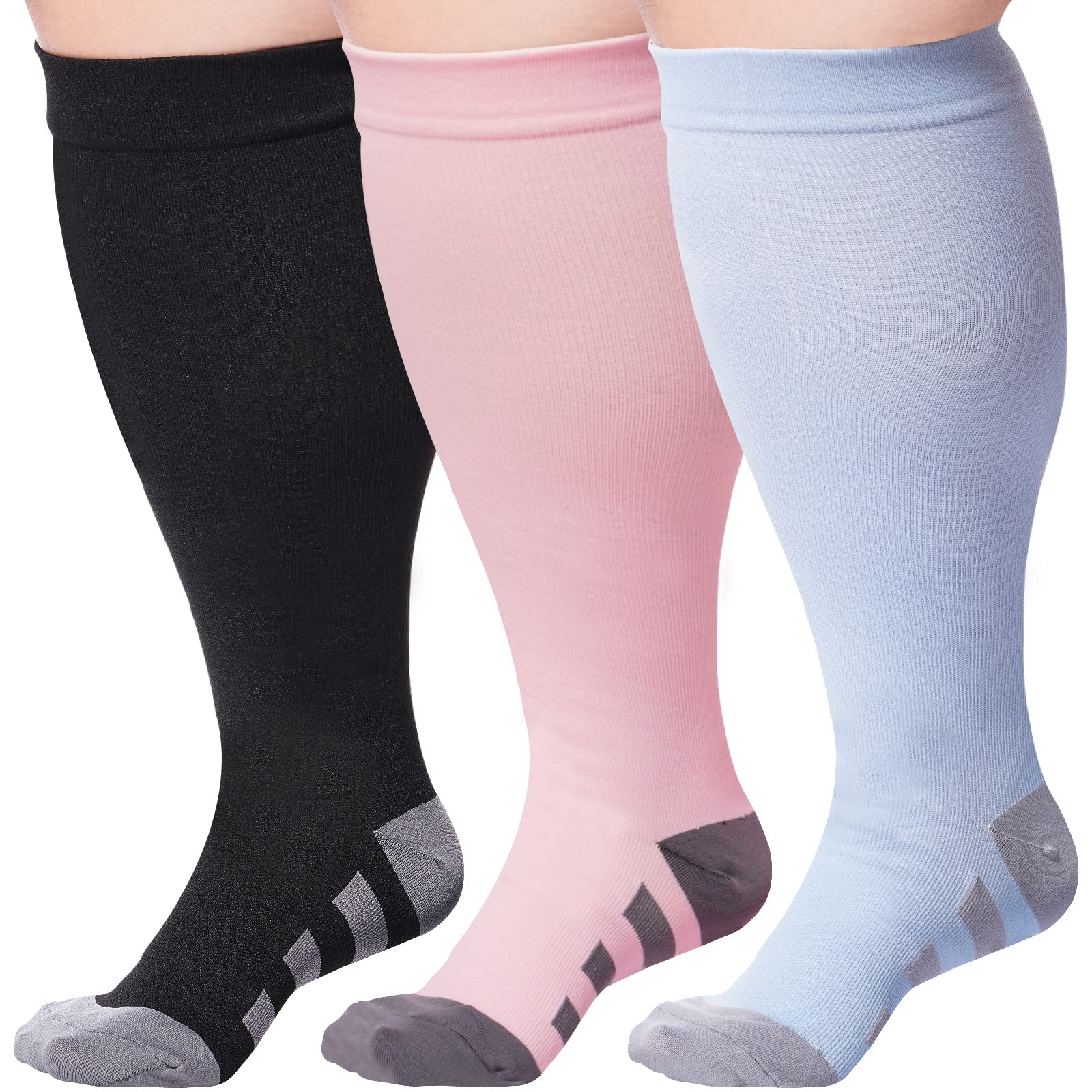 3 Pairs Plus Size Knee High Compression Socks for Women & Men-Black,Pink,Blue - Moon Wood