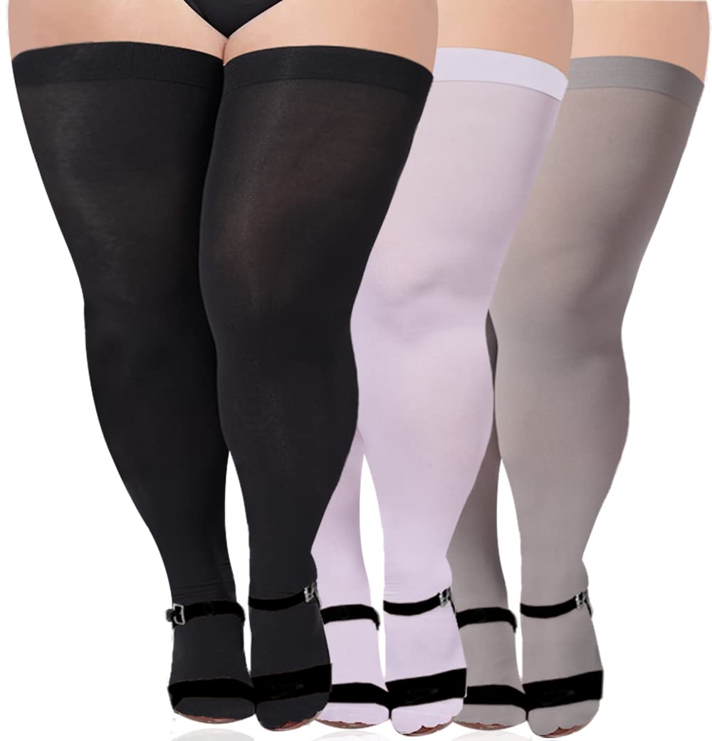 3 Pairs Plus Size Opaque Thigh High Socks-Black+white+grey - Moon Wood