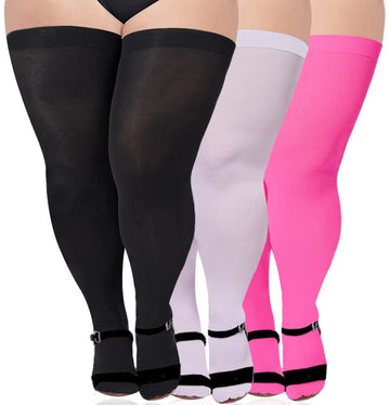 3 Pairs Plus Size Opaque Thigh High Socks-Black+white+pink