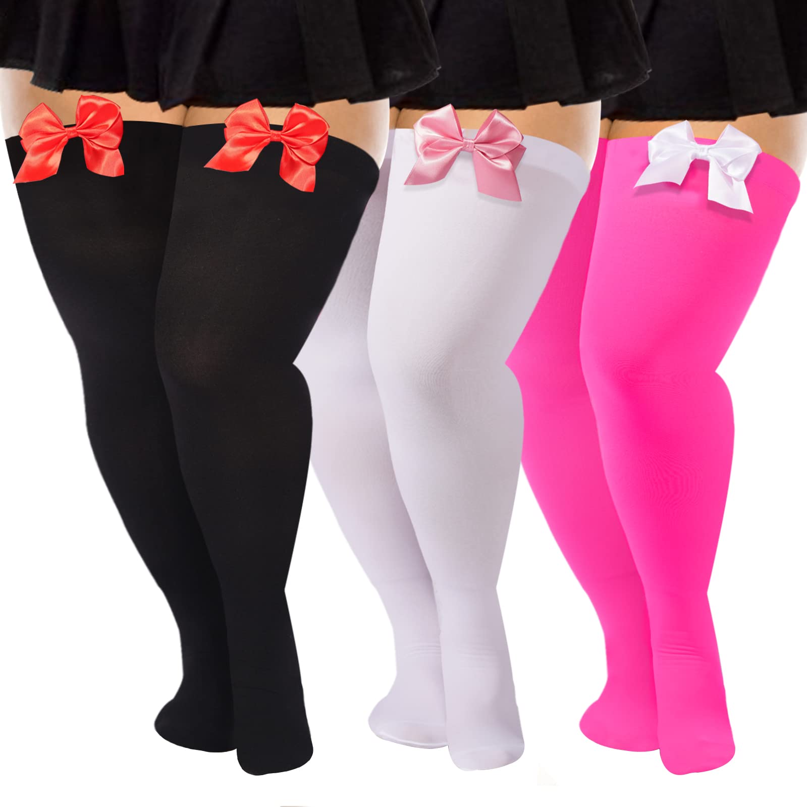 3 Pairs Women Plus Size Bow Thigh Highs Stockings-White & Black & Pink - Moon Wood