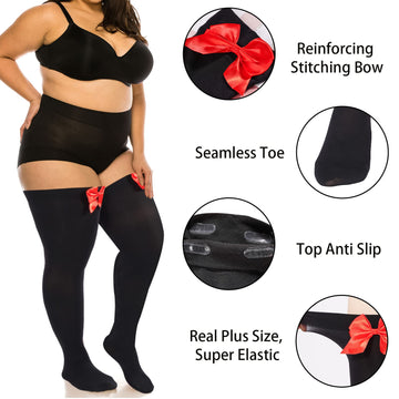 3 Pairs Women Plus Size Bow Thigh Highs Stockings-White & Black & Red - Moon Wood