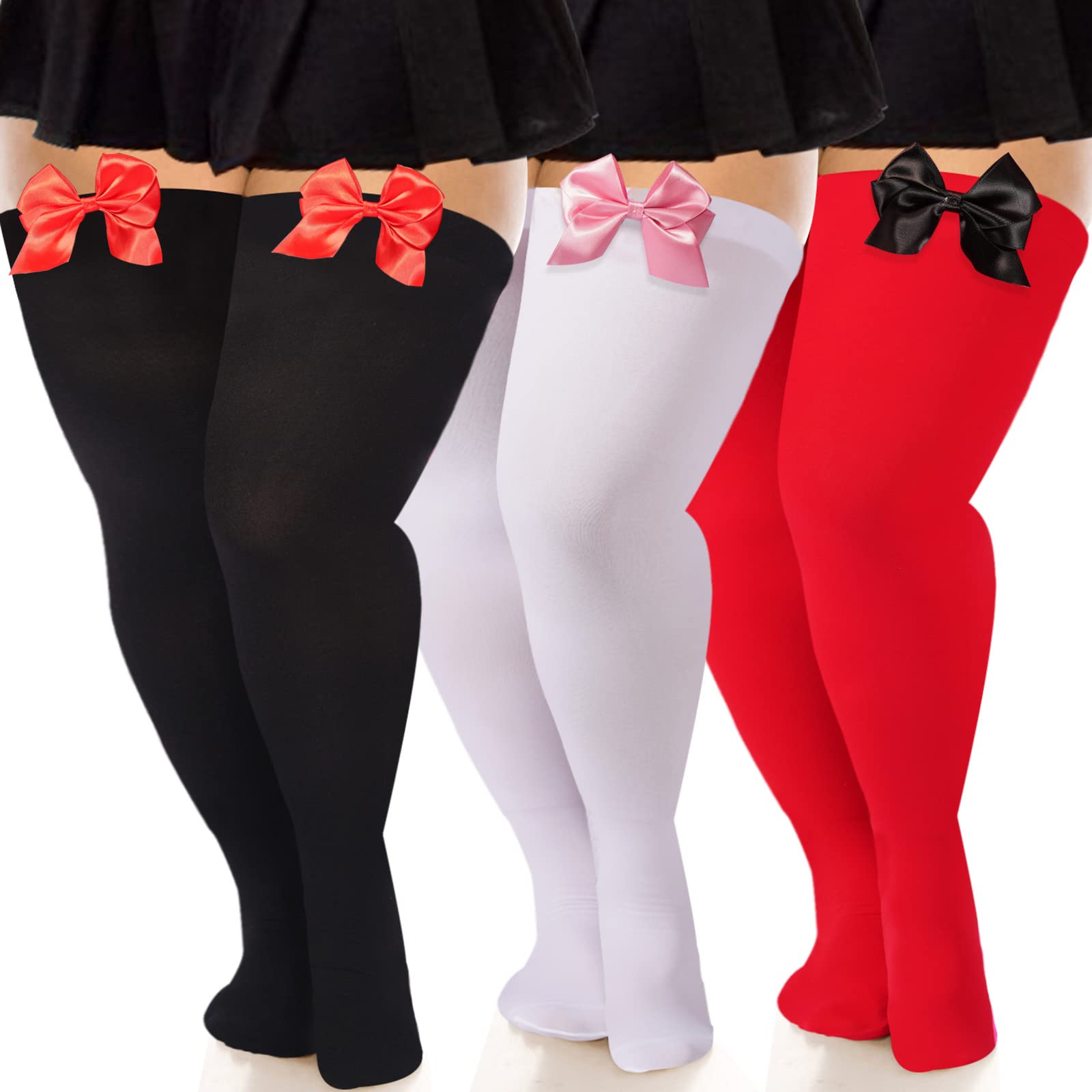 3 Pairs Women Plus Size Bow Thigh Highs Stockings-White & Black & Red - Moon Wood
