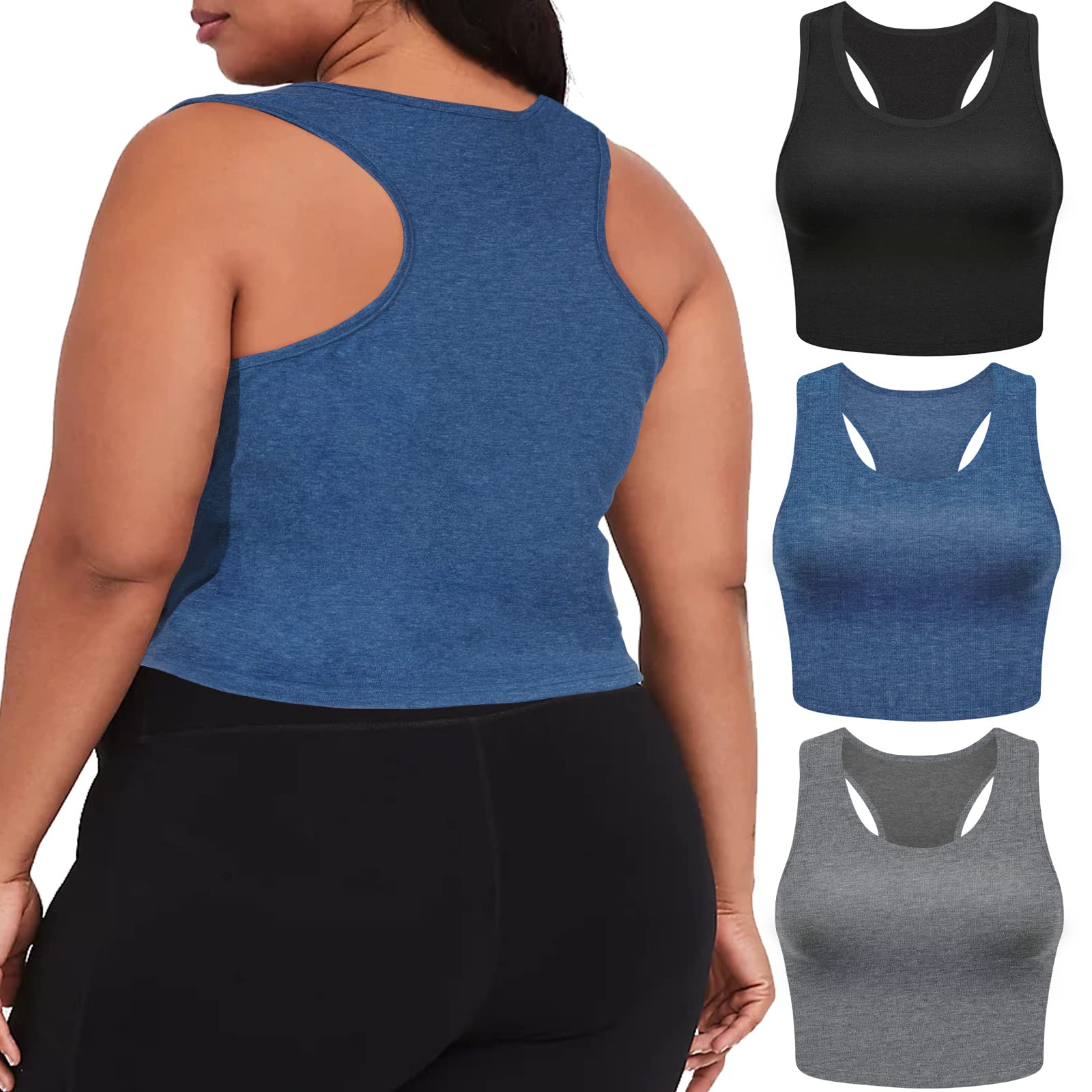 3 Pieces Basic Plus Size Tank Tops for Women-Black,Grey,Navy Blue - Moon Wood