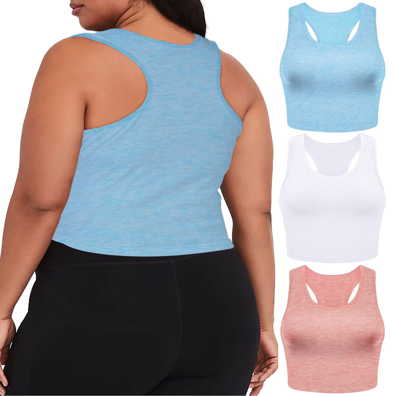3 Pieces Basic Plus Size Tank Tops for Women-Pink,White,Blue - Moon Wood