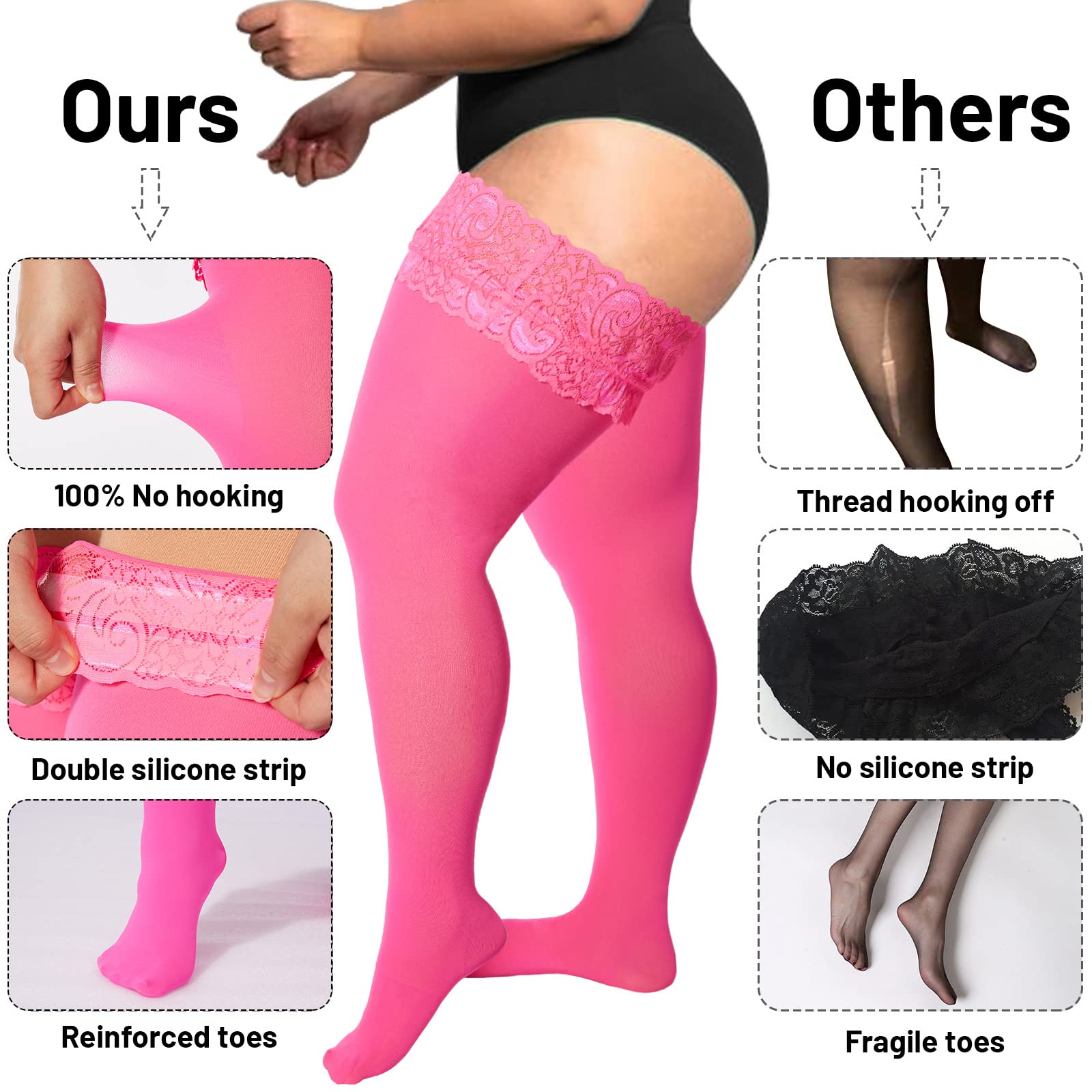 55D Semi Sheer Silicone Lace Stay Up Thigh Highs Pantyhose-Pink - Moon Wood