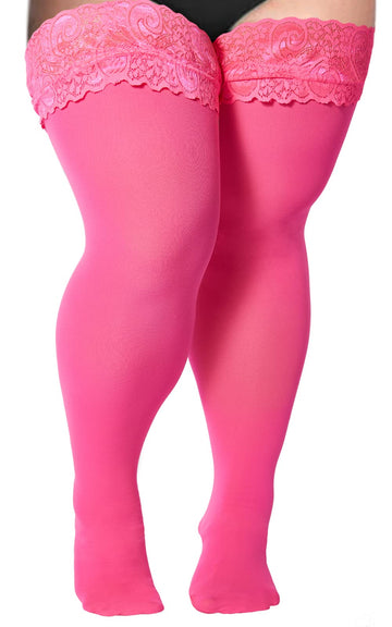 55D Semi Sheer Silicone Lace Stay Up Thigh Highs- Pink