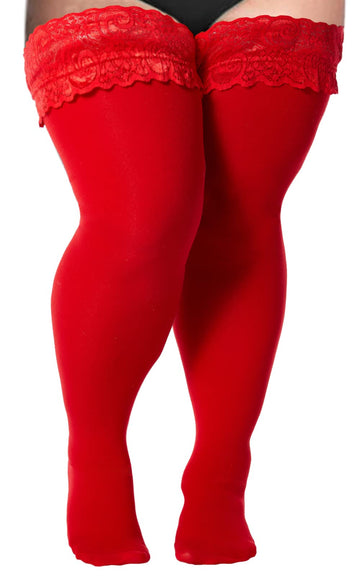 55D Semi Sheer Silicone Lace Stay Up Thigh Highs- Red