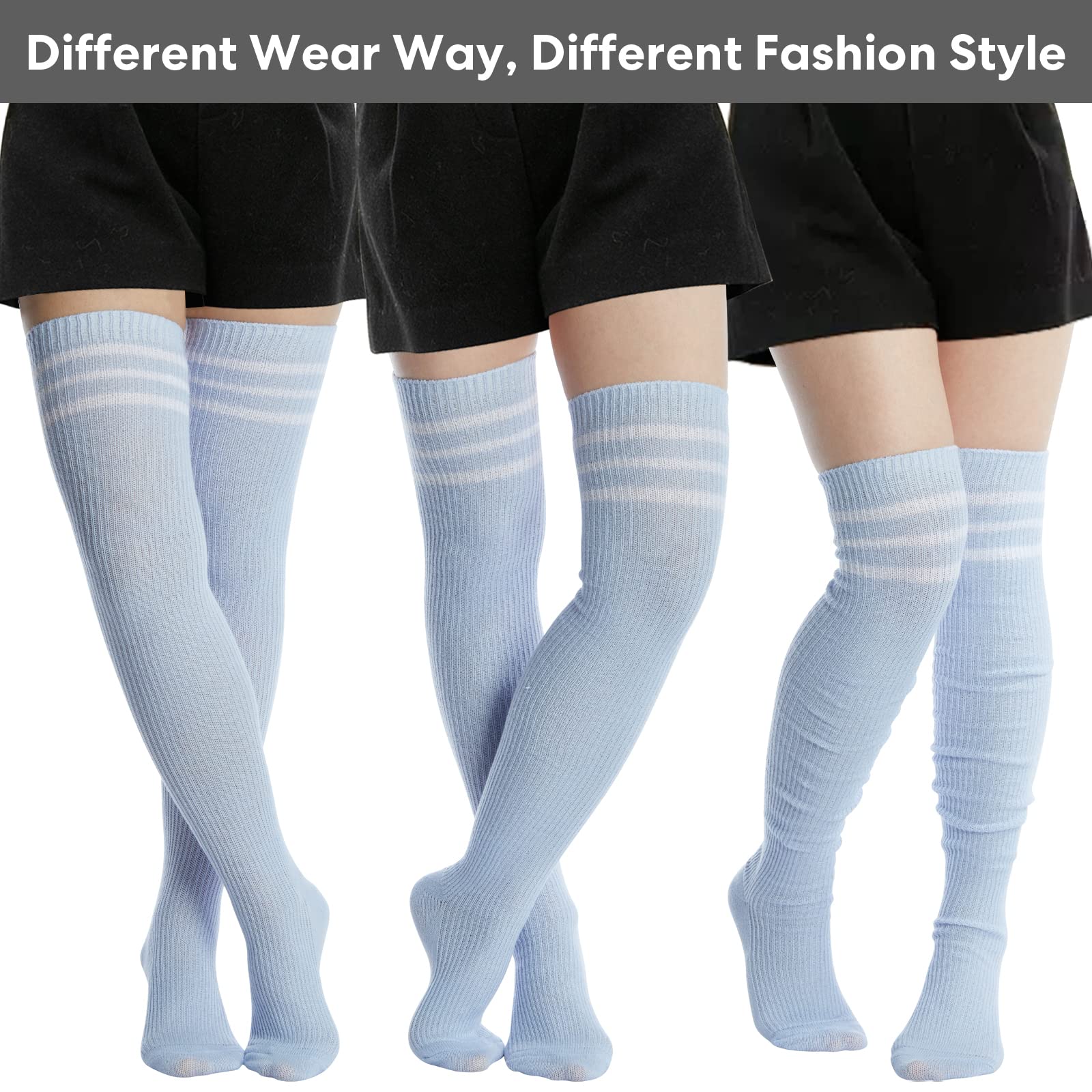 Extra Long Warm Knit Striped Thigh Highs Leg Warmers-Baby Blue & White Striped - Moon Wood