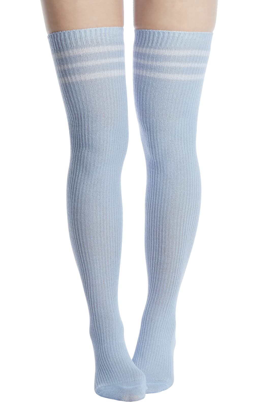 Extra Long Warm Knit Striped Thigh Highs Leg Warmers-Baby Blue & White Striped - Moon Wood