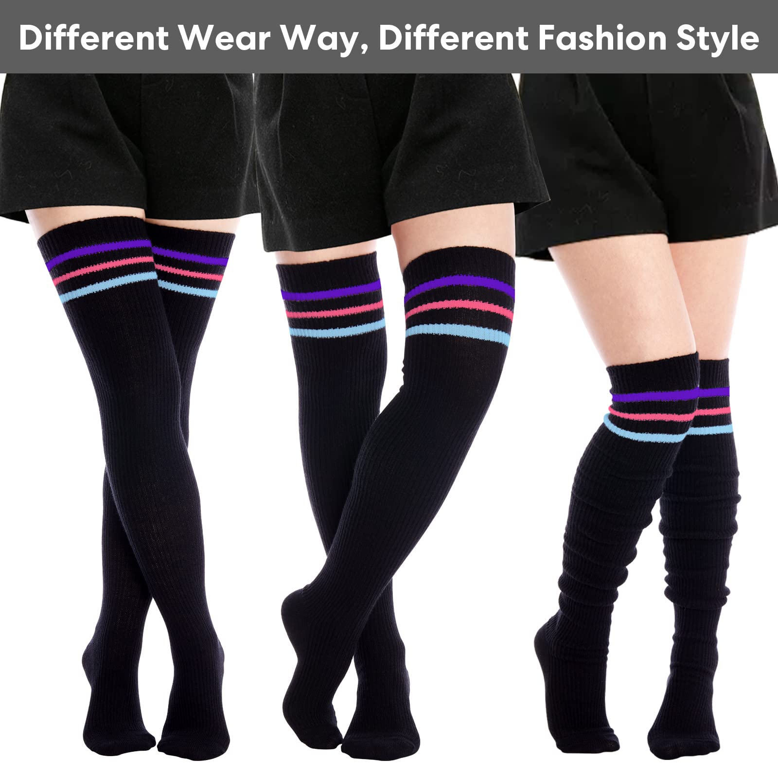 Extra Long Warm Knit Striped Thigh Highs Leg Warmers-Black & Rainbow Striped - Moon Wood