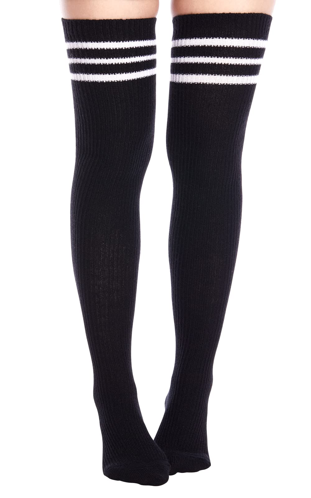 Extra Long Warm Knit Striped Thigh Highs Leg Warmers-Black & White Striped - Moon Wood