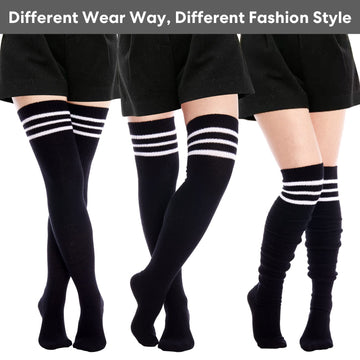 Extra Long Warm Knit Striped Thigh Highs - Black & White Striped