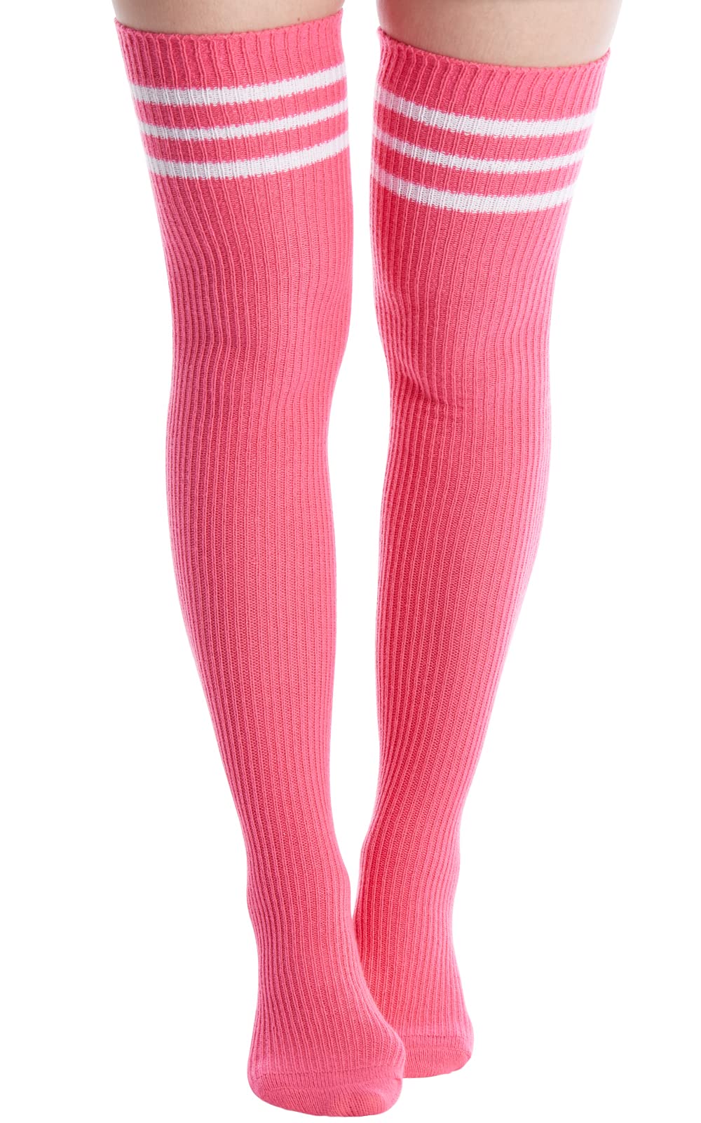 Extra Long Warm Knit Striped Thigh Highs Leg Warmers-Bubble Gum Pink & White Striped - Moon Wood