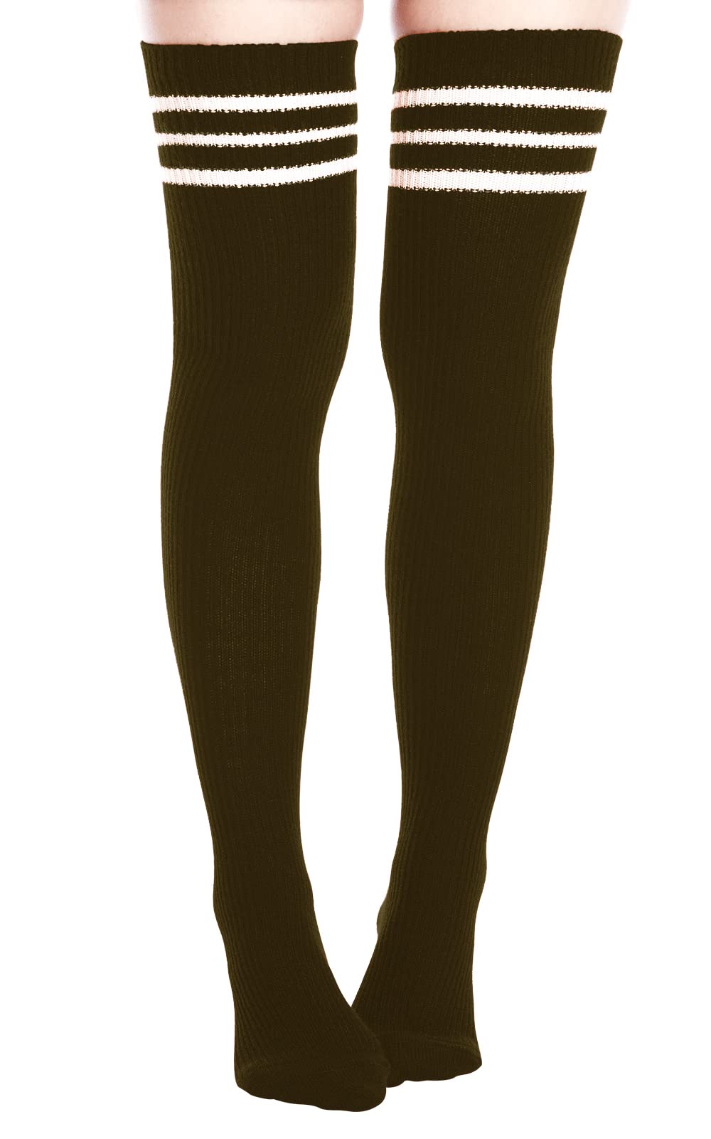 Extra Long Warm Knit Striped Thigh Highs Leg Warmers-Coffee & White Striped - Moon Wood
