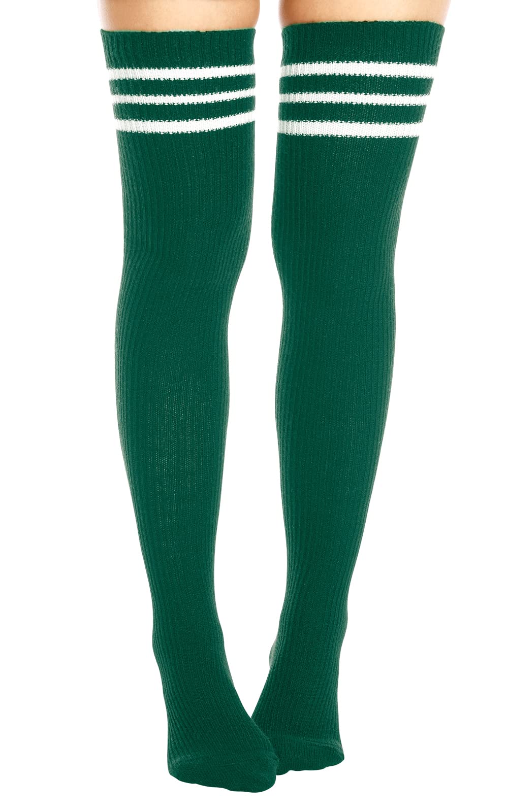 Extra Long Warm Knit Striped Thigh Highs Leg Warmers-Emerald Green & White Striped - Moon Wood