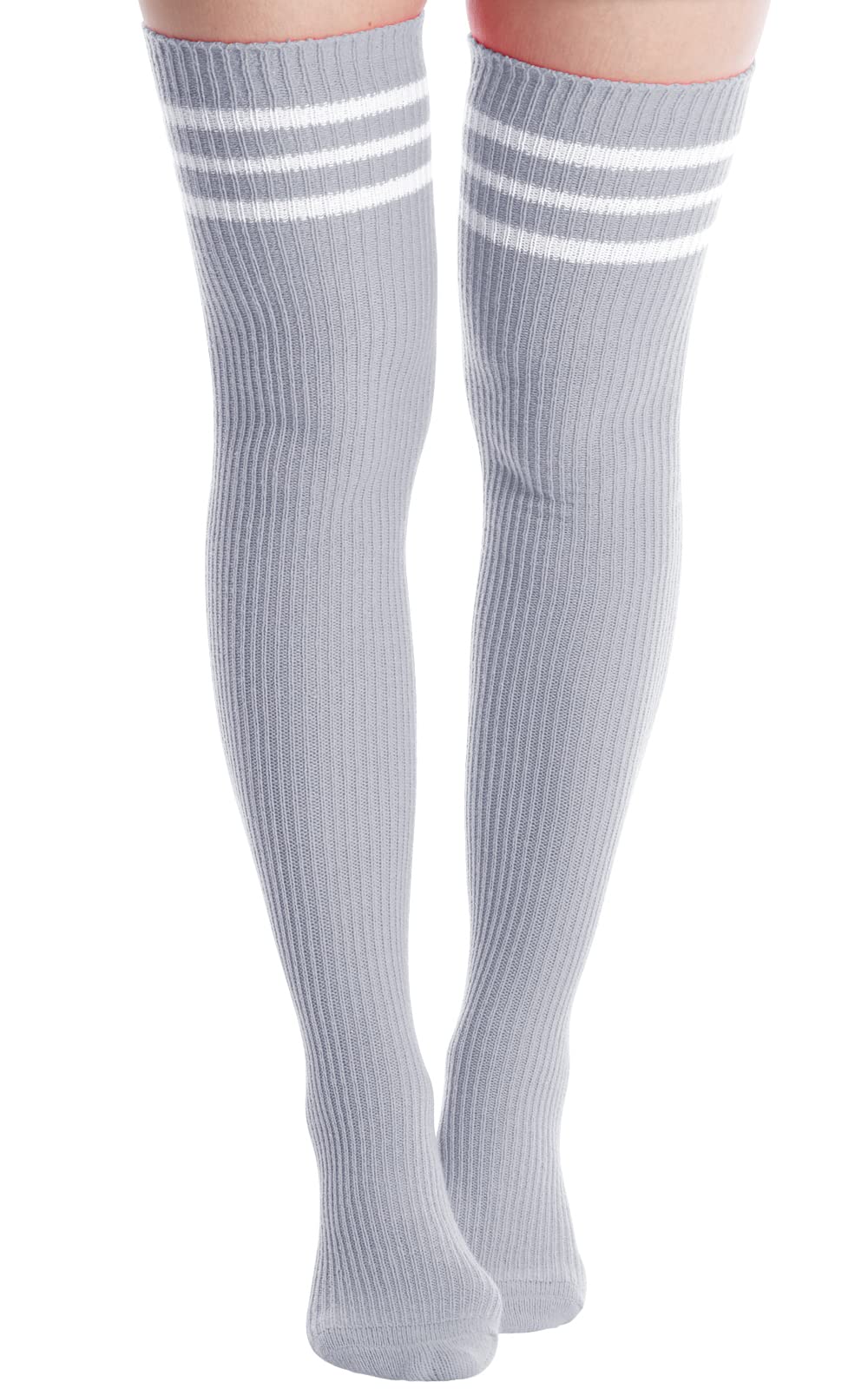 Extra Long Warm Knit Striped Thigh Highs Leg Warmers-Grey & White Striped - Moon Wood