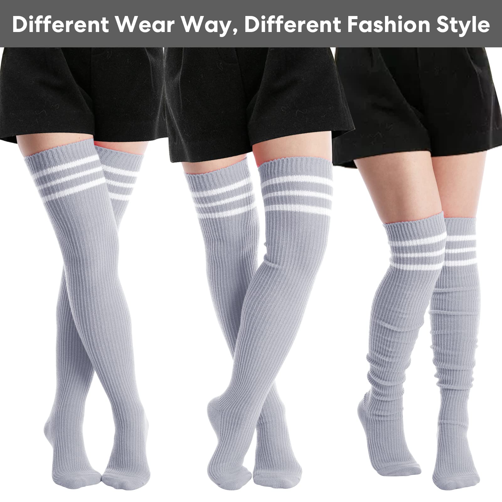 Extra Long Warm Knit Striped Thigh Highs Leg Warmers-Grey & White Striped - Moon Wood