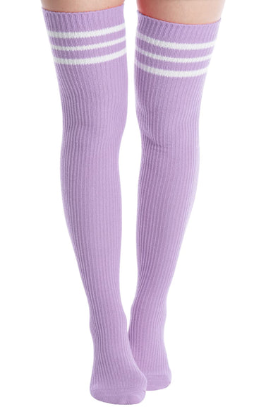 Extra Long Warm Knit Striped Thigh Highs Leg Warmers-Light Purple & White Striped - Moon Wood