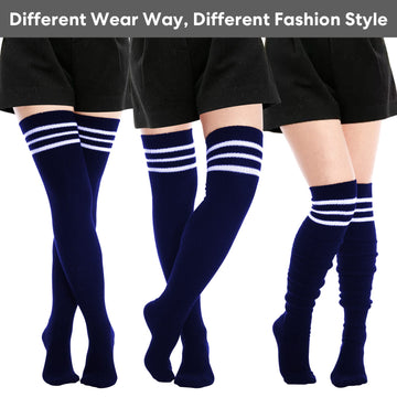 Extra Long Warm Knit Striped Thigh Highs Leg Warmers-Navy & White Striped - Moon Wood