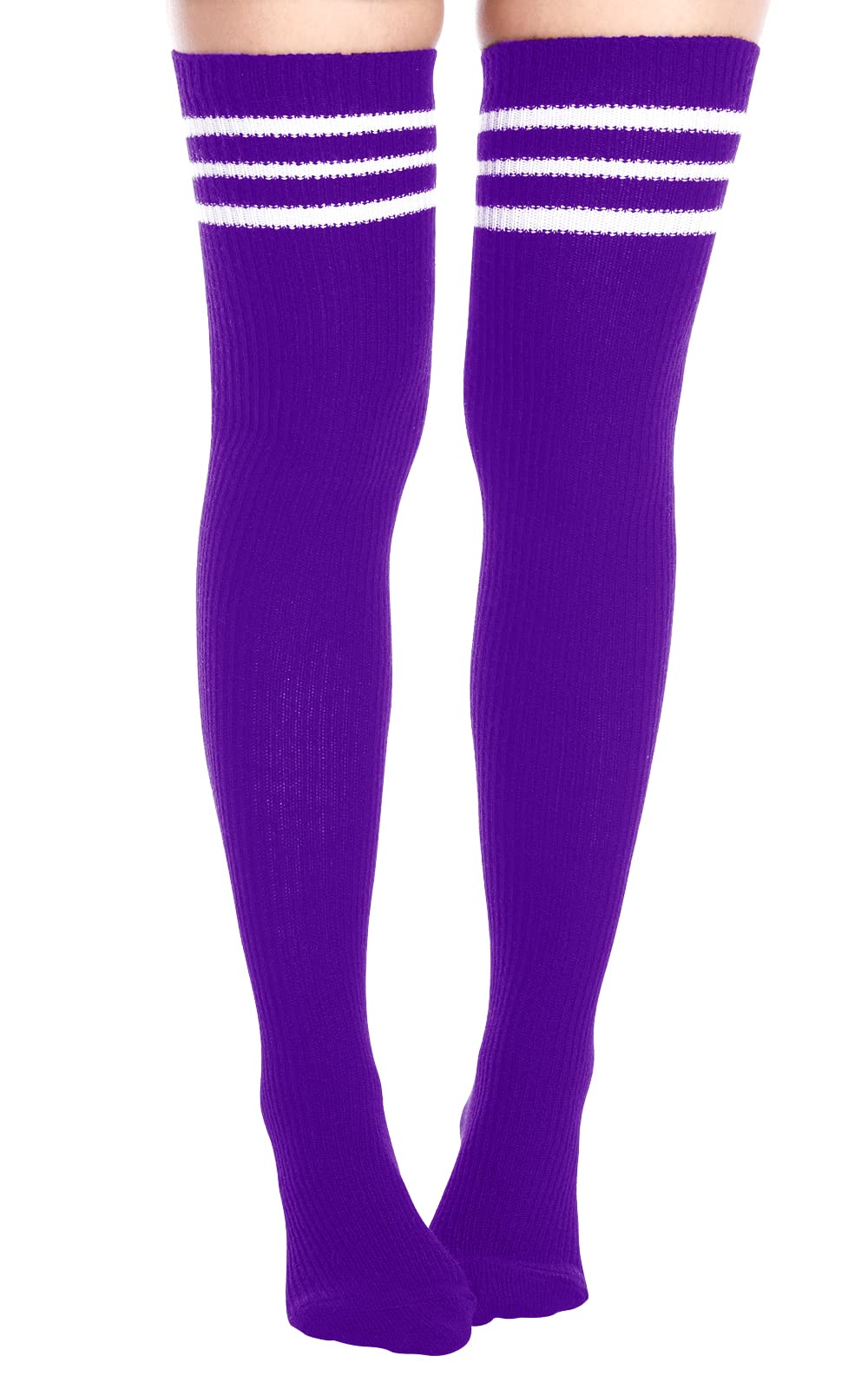 Extra Long Warm Knit Striped Thigh Highs Leg Warmers-Purple & White Striped - Moon Wood