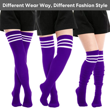 Extra Long Warm Knit Striped Thigh Highs - Purple & White Striped