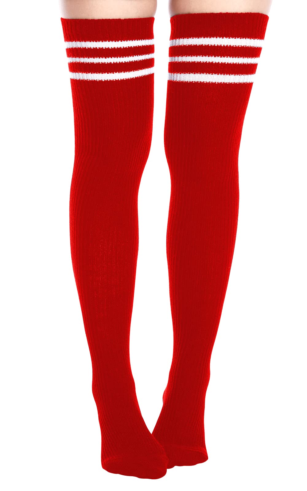 Extra Long Warm Knit Striped Thigh Highs Leg Warmers-Red & White Striped - Moon Wood