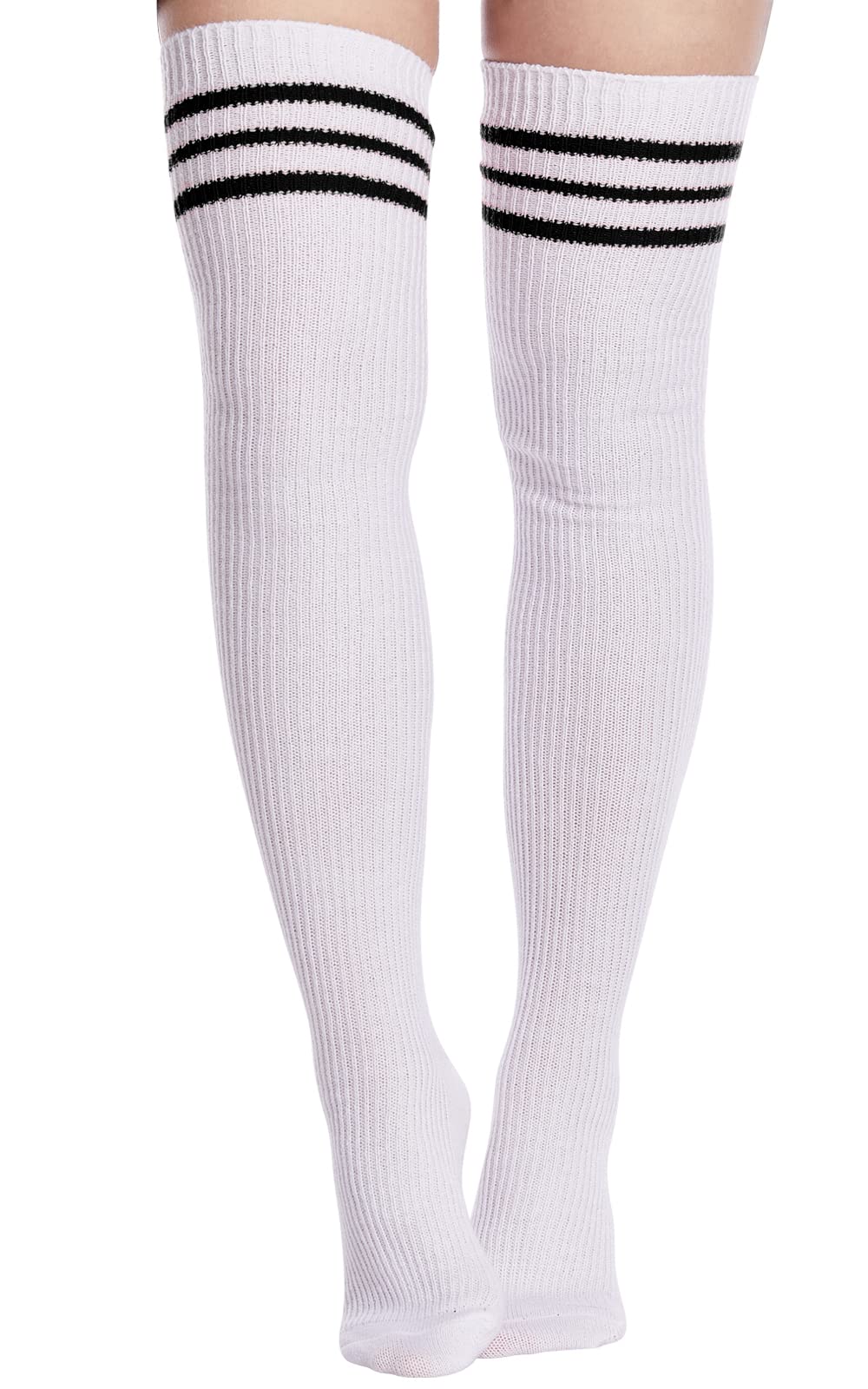 Extra Long Warm Knit Striped Thigh Highs Leg Warmers-White & Black Striped - Moon Wood