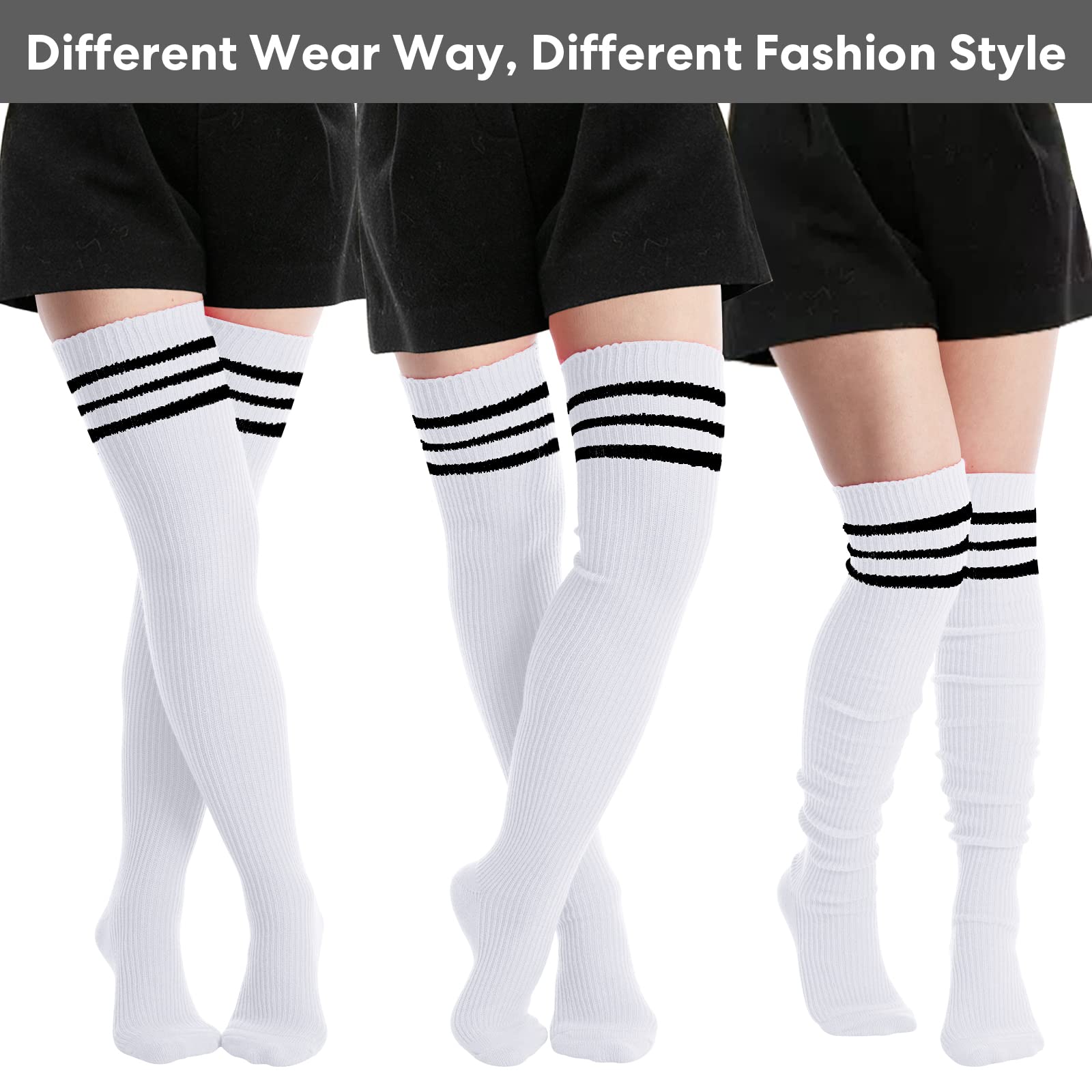 Extra Long Warm Knit Striped Thigh Highs Leg Warmers-White & Black Striped - Moon Wood