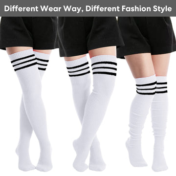 Extra Long Warm Knit Striped Thigh Highs Leg Warmers-White & Black Striped