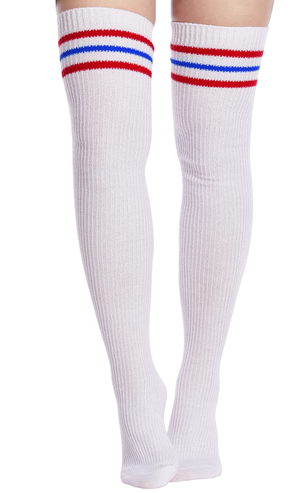 Extra Long Warm Knit Striped Thigh Highs Leg Warmers-White & Blue & Red Striped - Moon Wood