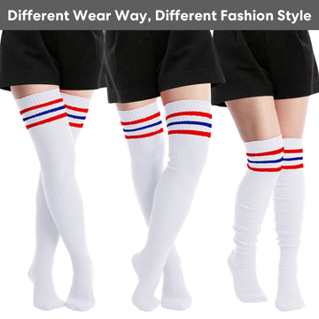 Extra Long Warm Knit Striped Thigh Highs Leg Warmers-White & Blue & Red Striped