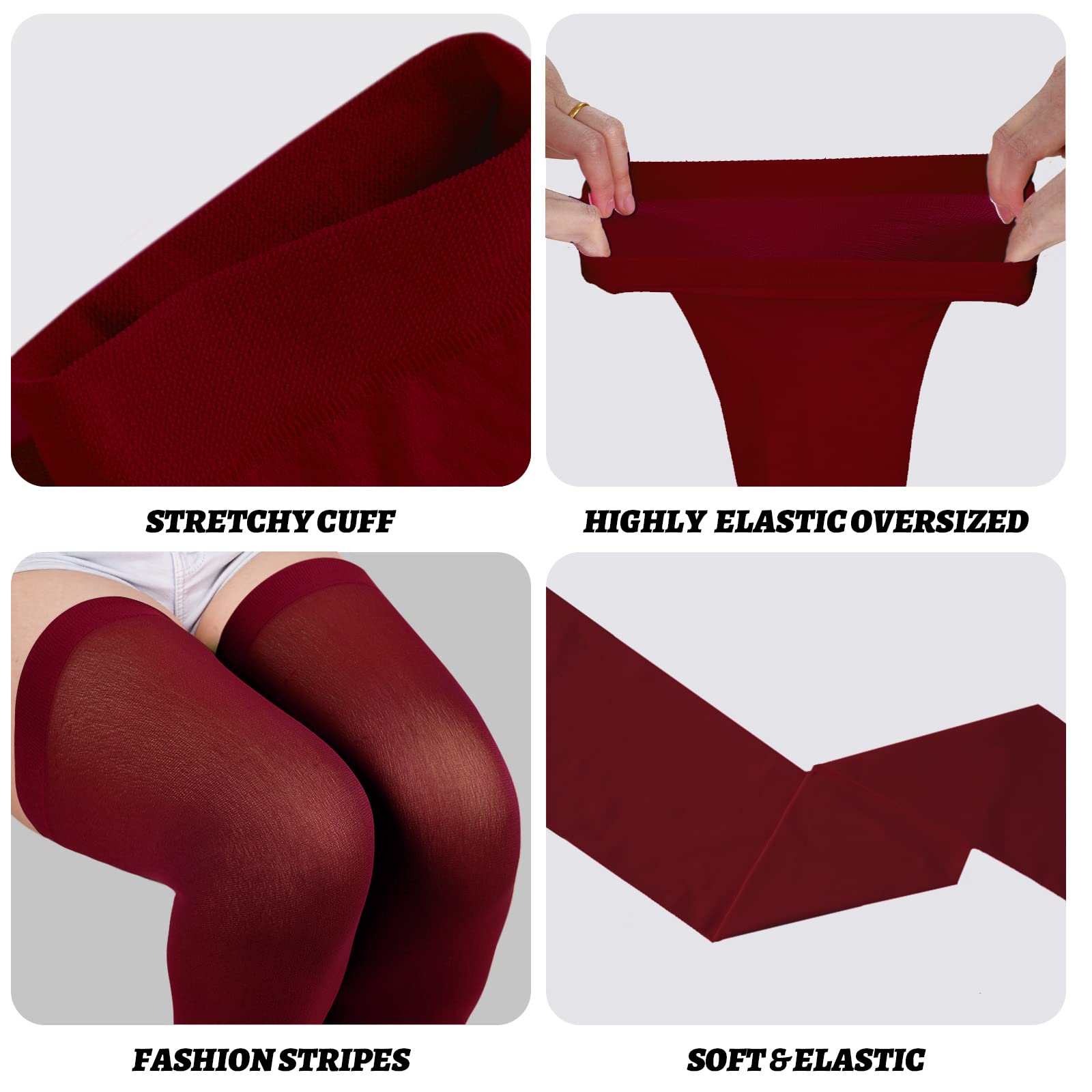 Extra Long Womens Opaque Over Knee High Stockings-Burgundy - Moon Wood