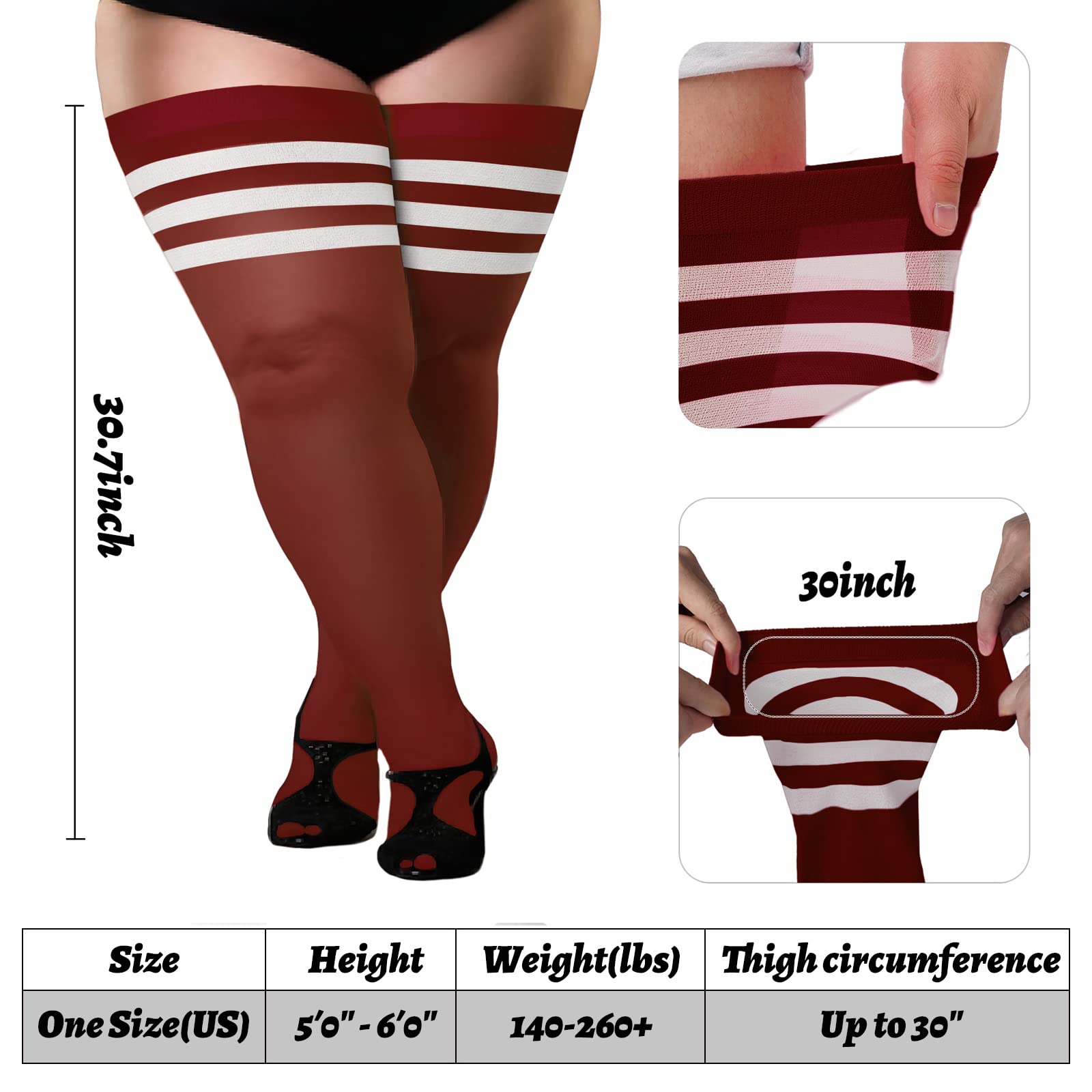 Extra Long Womens Opaque Striped Over Knee High Stockings-Burgundy & White - Moon Wood