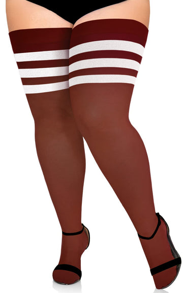 Extra Long Womens Opaque Striped Over Knee High Stockings-Burgundy & White