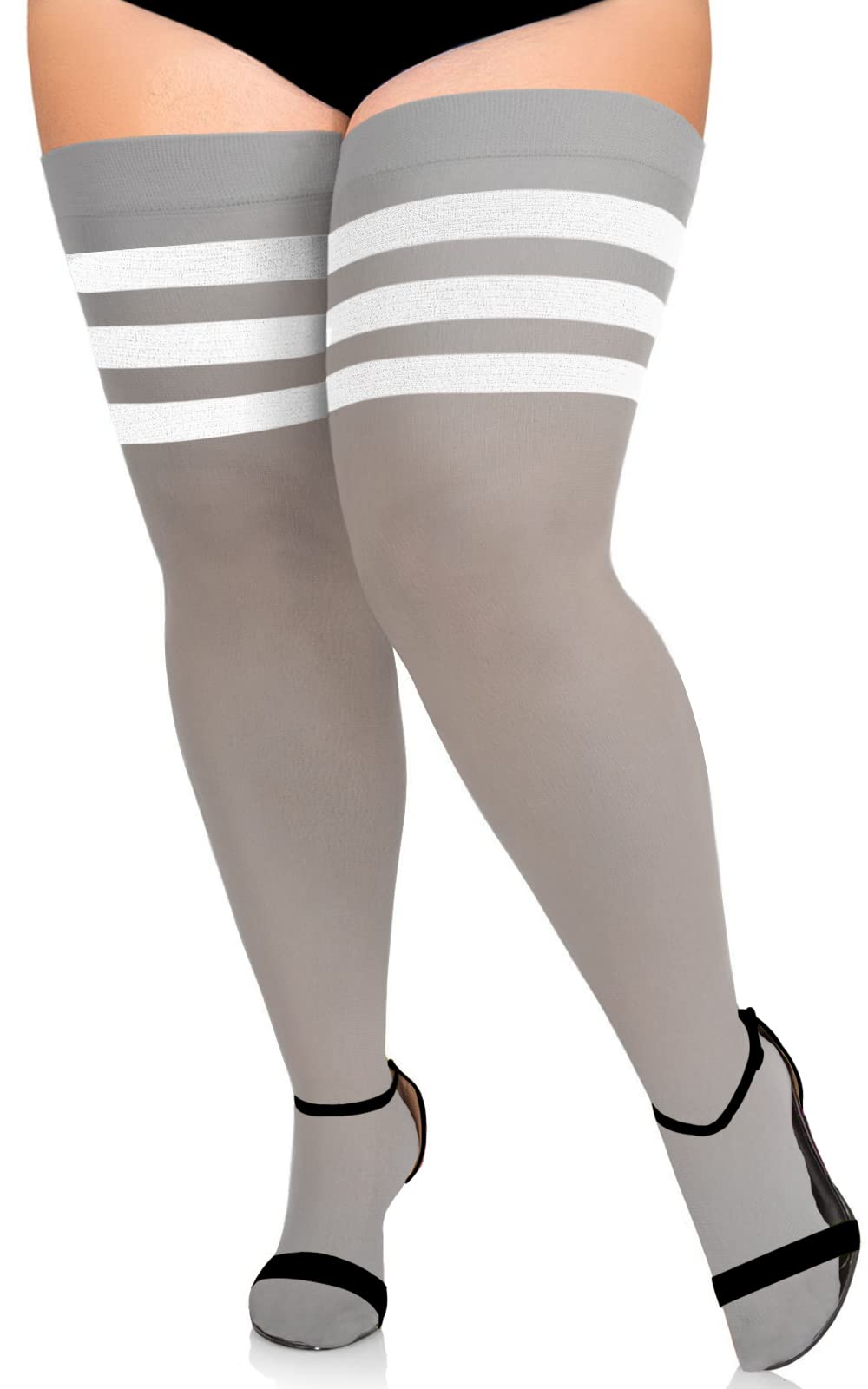 Extra Long Womens Opaque Striped Over Knee High Stockings-Limestone Grey & White - Moon Wood