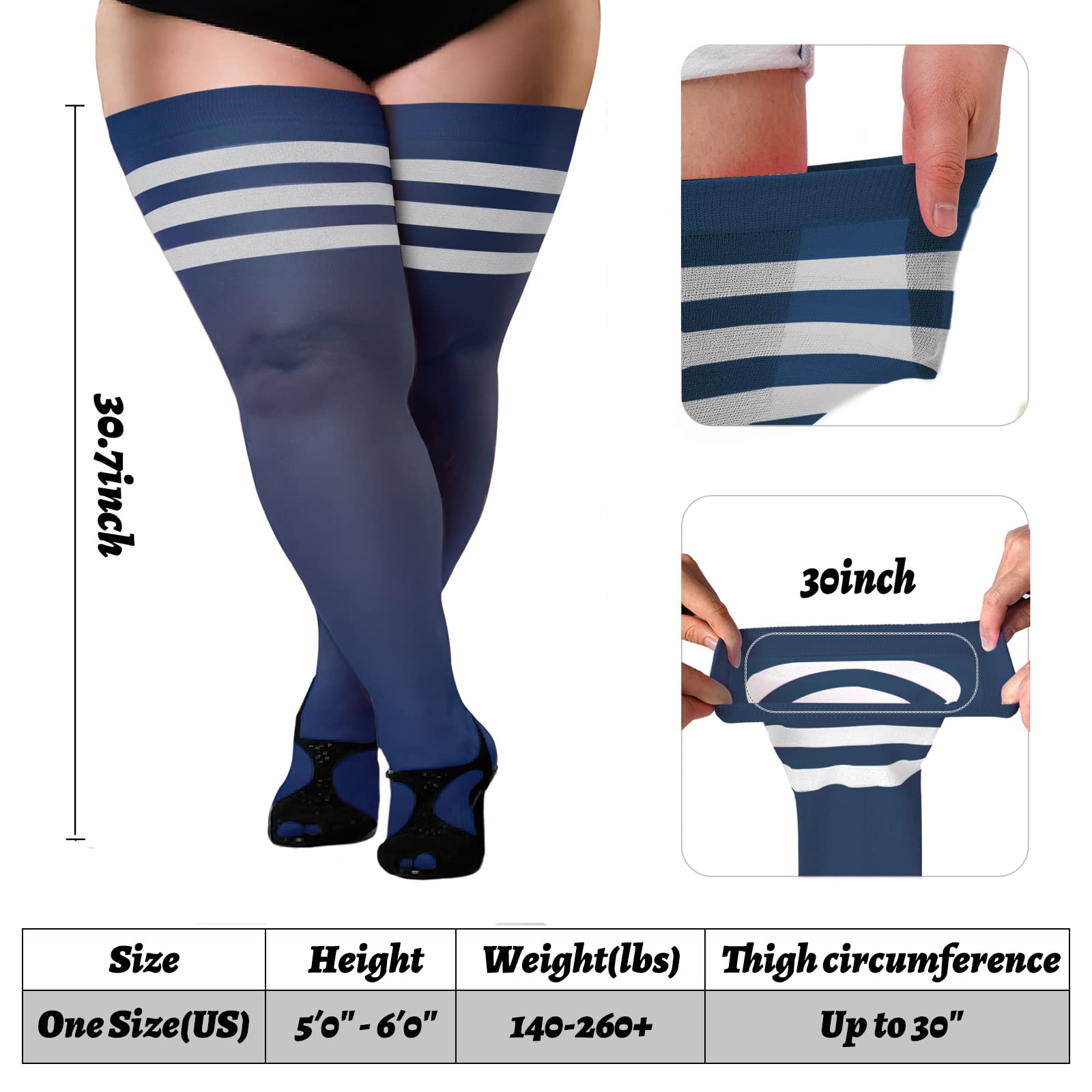 Extra Long Womens Opaque Striped Over Knee High Stockings-Navy & White - Moon Wood