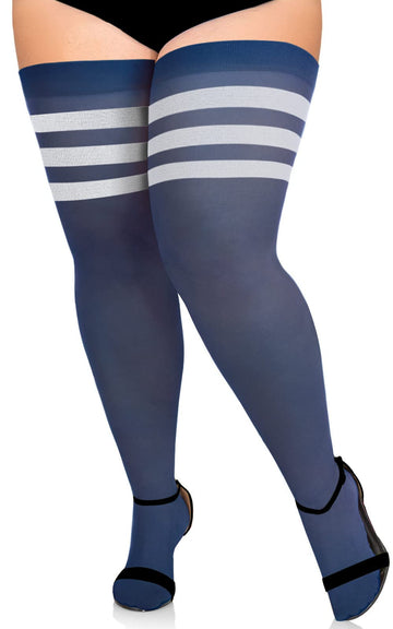 Extra Long Womens Opaque Striped Over Knee High Stockings-Navy & White - Moon Wood