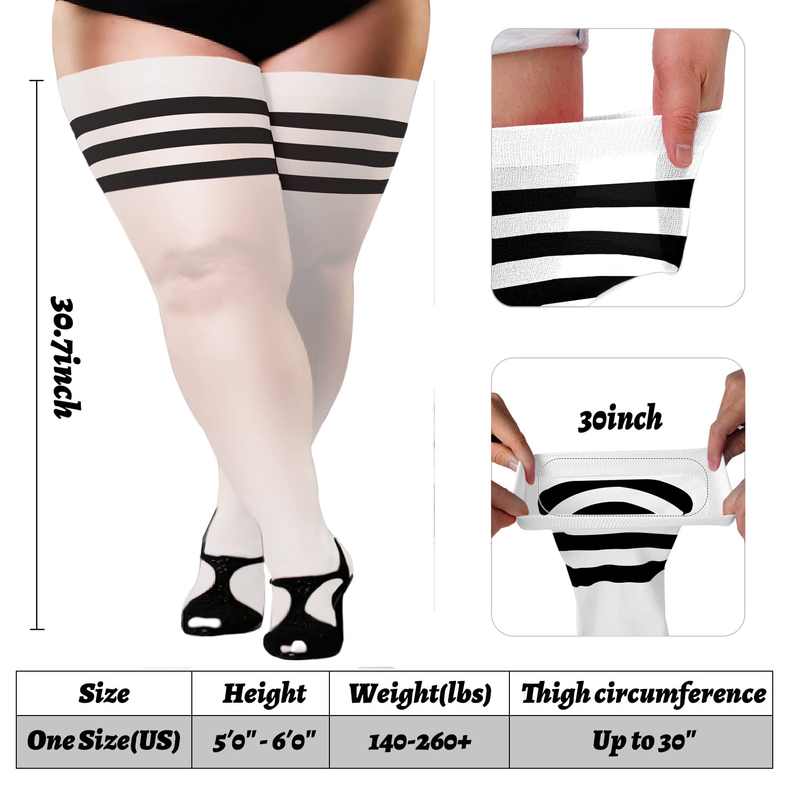 Extra Long Womens Opaque Striped Over Knee High Stockings- White & Black - Moon Wood