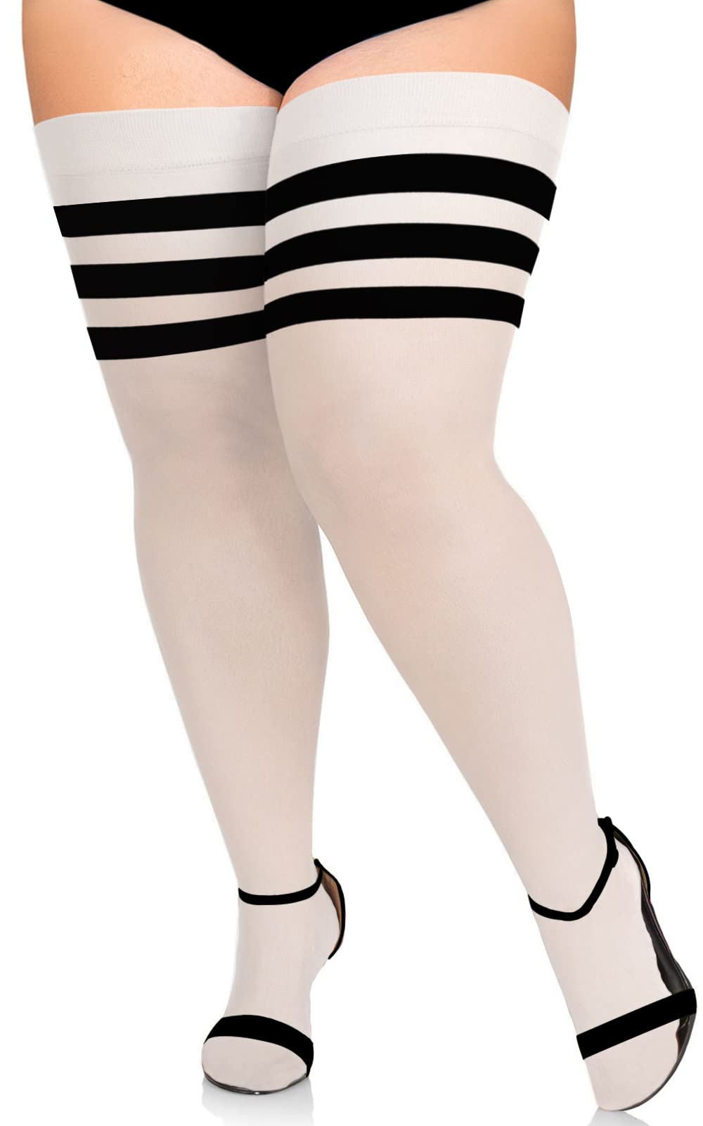 Extra Long Womens Opaque Striped Over Knee High Stockings- White & Black - Moon Wood