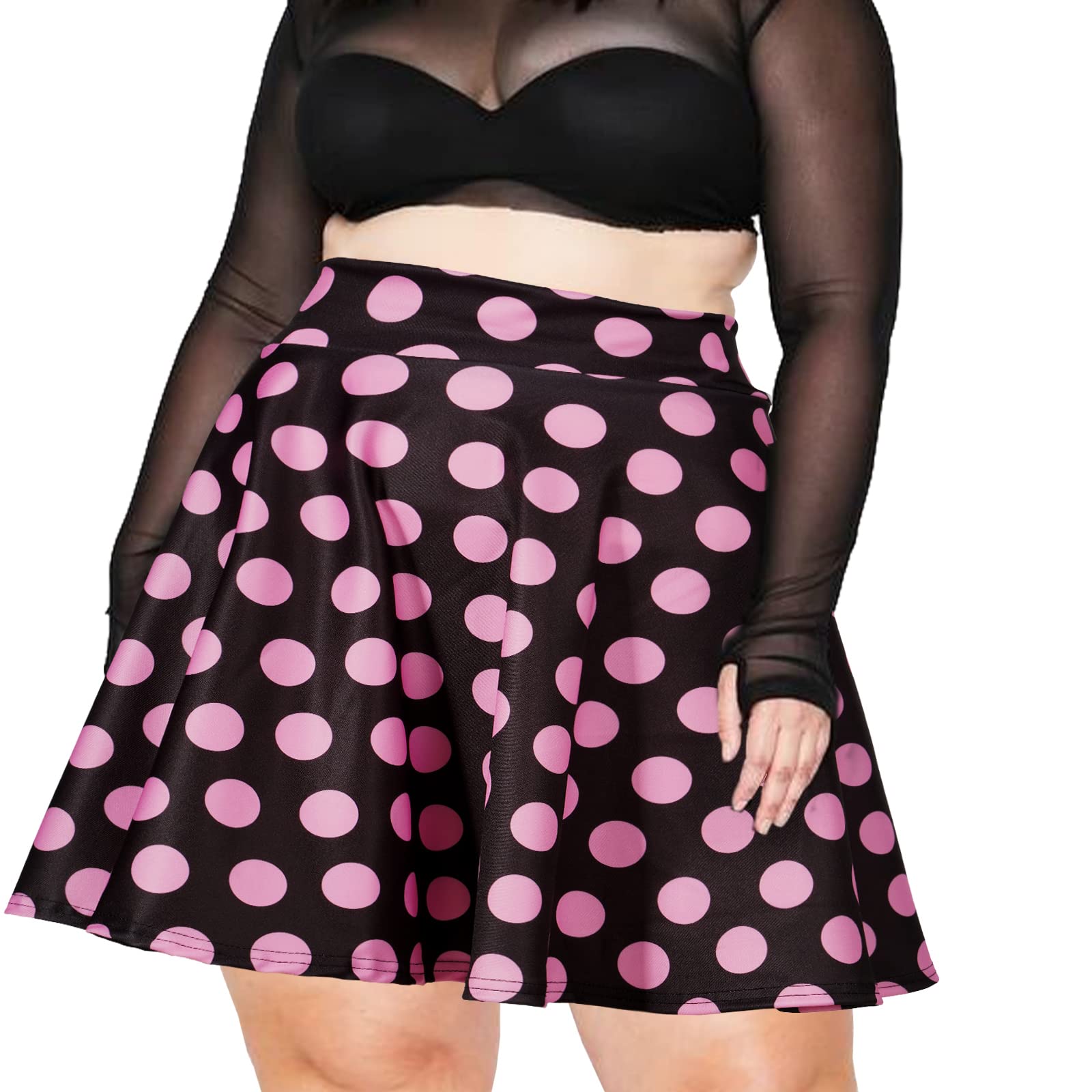 High Waisted Skater Skirt Plus Size-Black & Pink Dots - Moon Wood