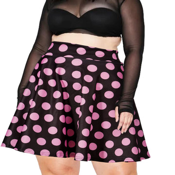 High Waisted Skater Skirt Plus Size-Black & Pink Dots