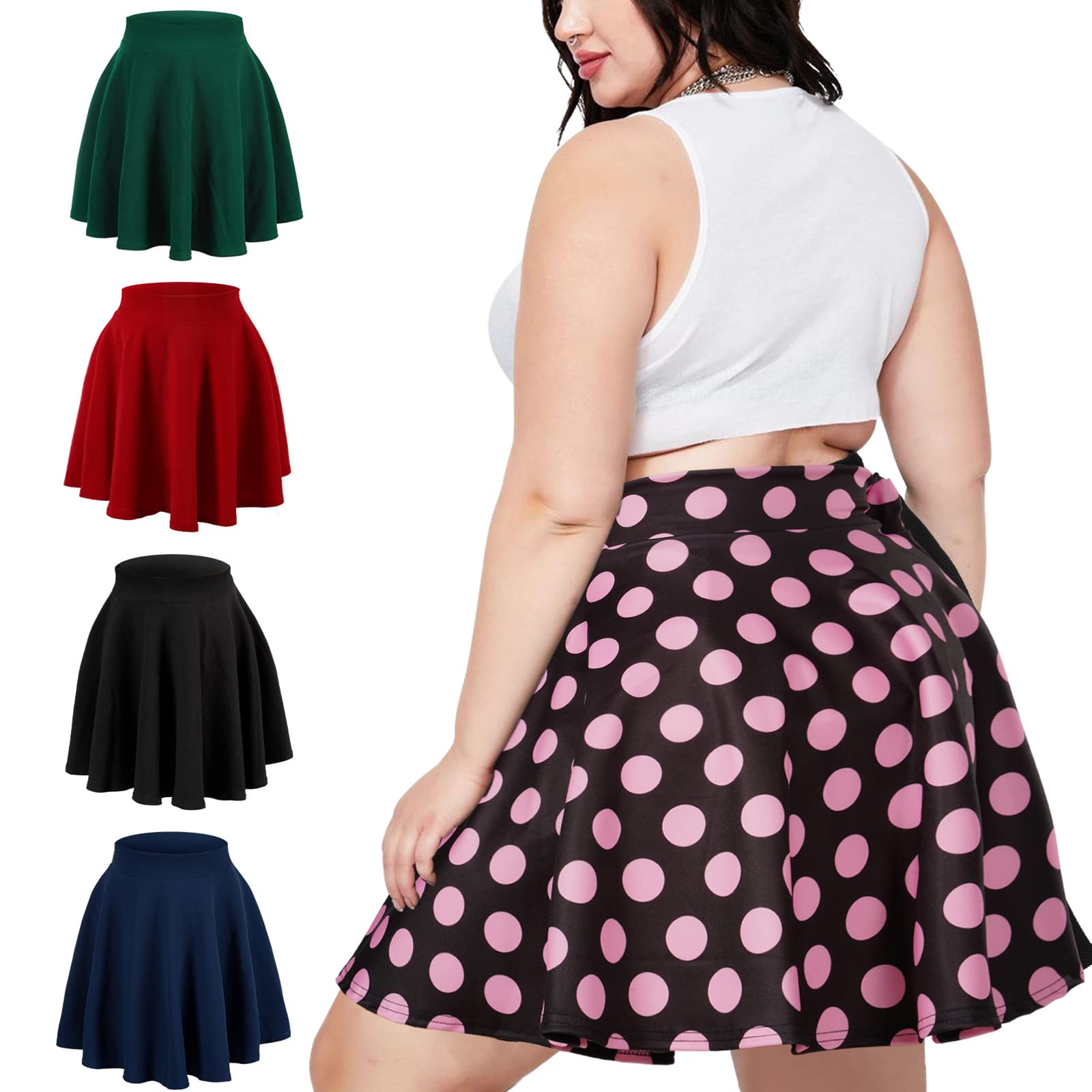 High Waisted Skater Skirt Plus Size-Black & Pink Dots - Moon Wood