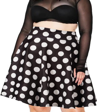 High Waisted Skater Skirt Plus Size-Black & White Dots