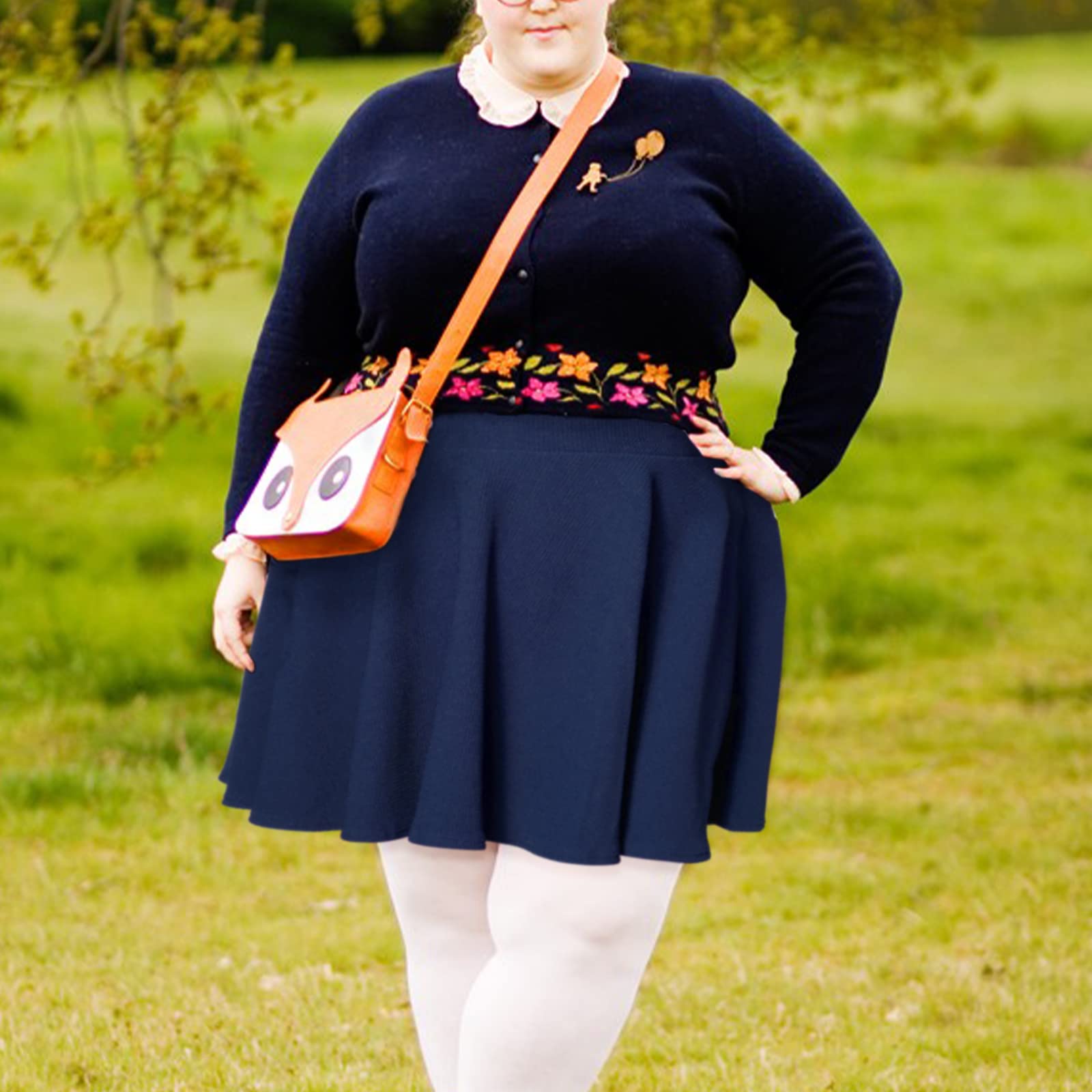 High Waisted Skater Skirt Plus Size-Navy - Moon Wood