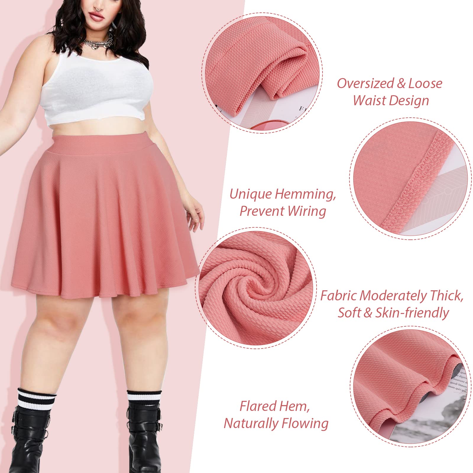High Waisted Skater Skirt Plus Size-Pink - Moon Wood