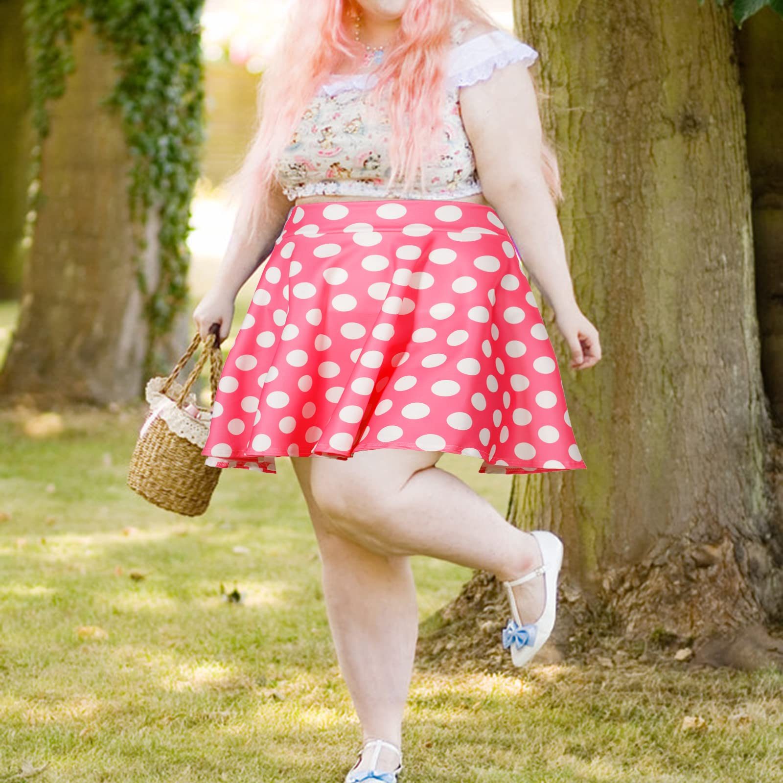 High Waisted Skater Skirt Plus Size-Pink & White Dots - Moon Wood