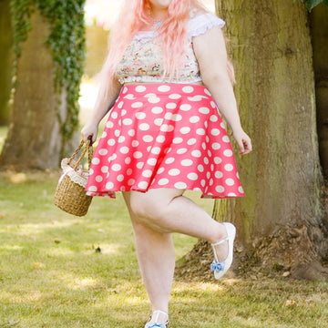 High Waisted Skater Skirt Plus Size-Pink & White Dots